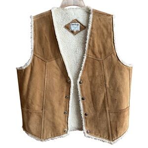 Vintage Steer Brand Suede Sherpa-Lined Western Vest Cowboy Made in USA Tan/Camel